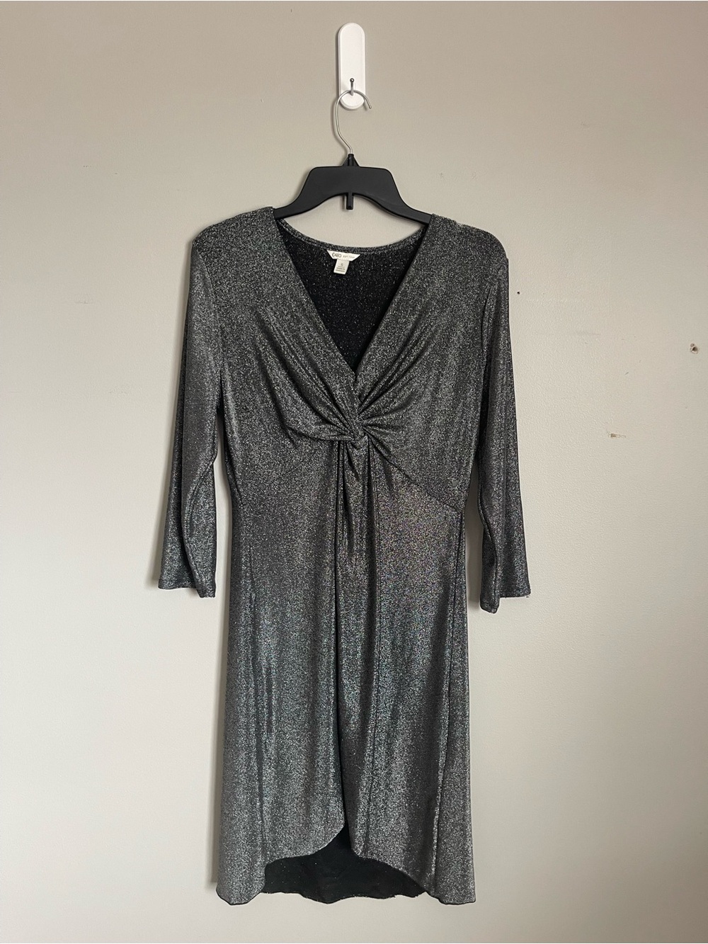 CATO | Shimmery Gunmetal Gray Twist-Front Midi Dress Sz S